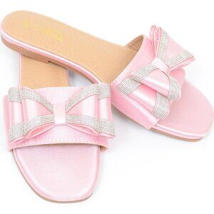 Mata Pink Satin Women's 8 Slide Sandals Bow Rhinestones Flat Bridal Prom Wedding